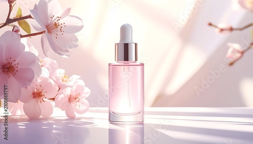 Serum bottle with cherry blossoms.