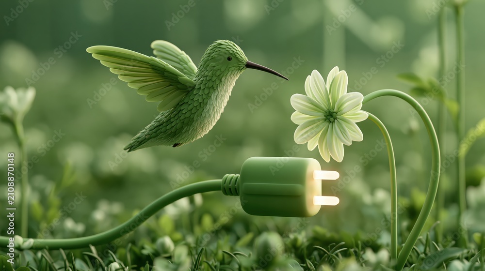 Obraz premium Glossy clay-style render of a tiny hummingbird hovering at a glowing flower socket, playful clean energy and nature concept