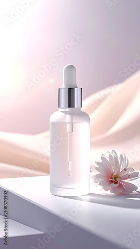 Serum bottle with flower on table.