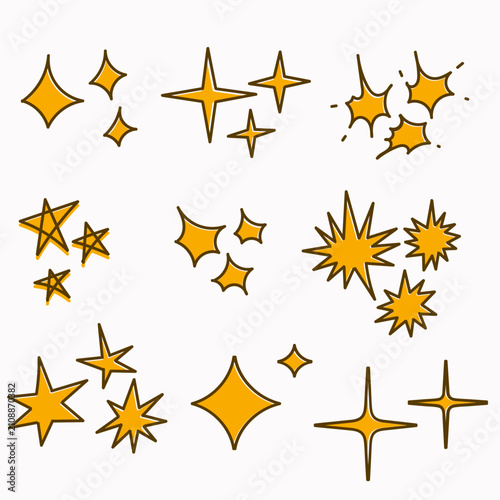 Set of hand drawn doodle stars, sparkles, and starbursts. Includes line art and color variations