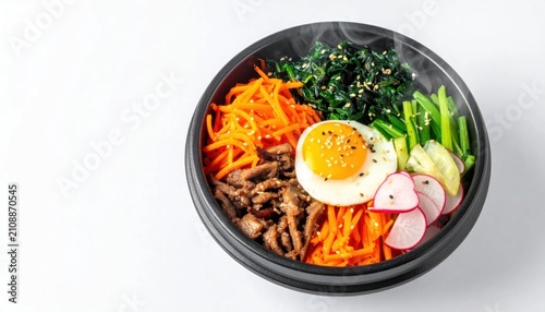 Hot steaming Korean Bibimbap dish with colorful fresh vegetables marinated beef and a fried egg in a traditional black stone bowl on a white background.