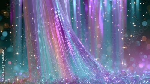 Abstract dreamy holographic iridescent background with pastel light streak, lavender pink mint bokeh star template for banner.