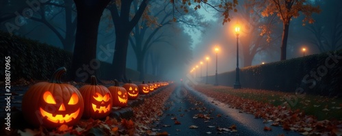 Foggy Halloween street, jack-o'-lanterns, autumn leaves, candlelight , spooky, scene