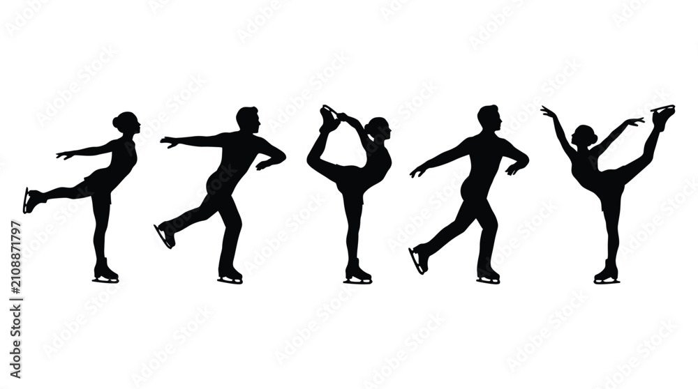 Fototapeta premium Set of black silhouettes of figure skaters in various poses isolated on white
