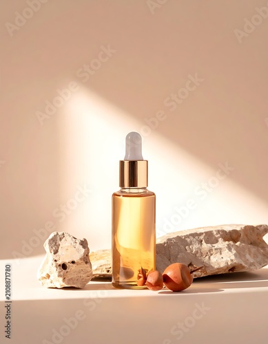 Serum bottle with natural ingredients around.