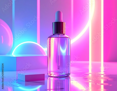Serum bottle with neon lights background.