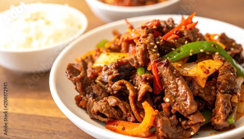 Delicious Korean spicy stir-fried beef with vibrant peppers onions and sesame seeds served alongside a bowl of steamed white rice on a rustic wooden table.