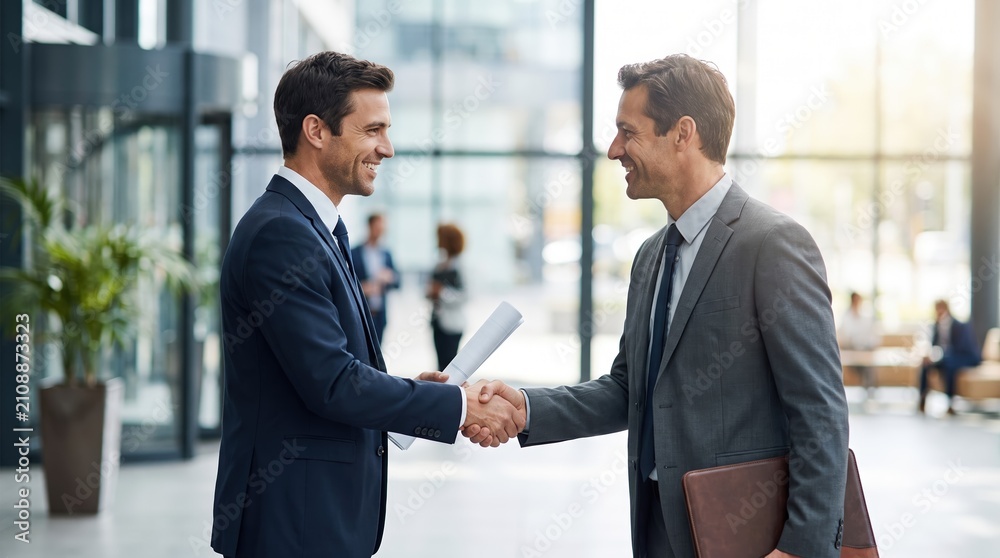 Fototapeta premium Two business partners shaking hands in a modern office lobby