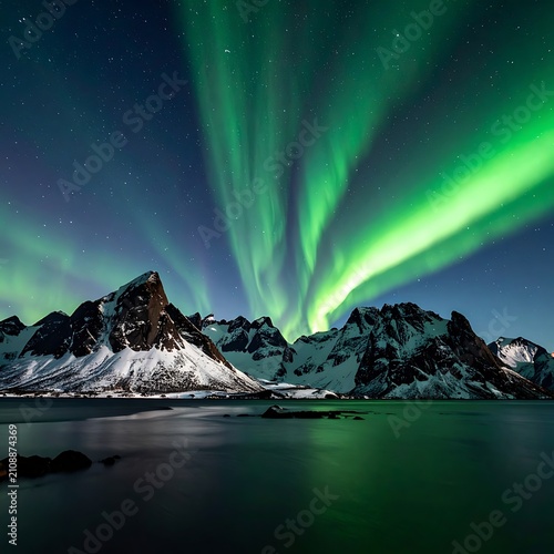 Snowy mountains beneath a vibrant green aurora borealis