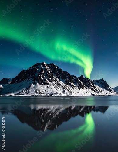 Snowy mountains beneath green aurora borealis glow