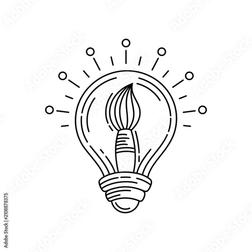 Brush inside bright bulb line-art vector illustration