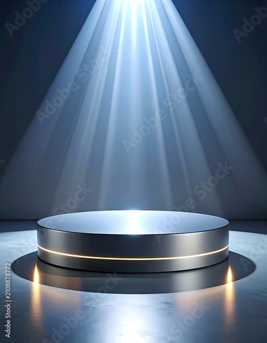Shining spotlight on empty circular stage.