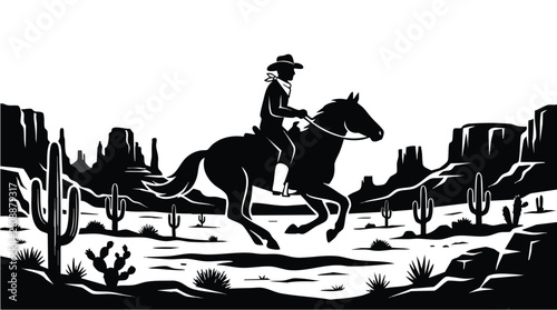Obraz na płótnie A dramatic vector silhouette of a cowboy riding a horse through a desert vector