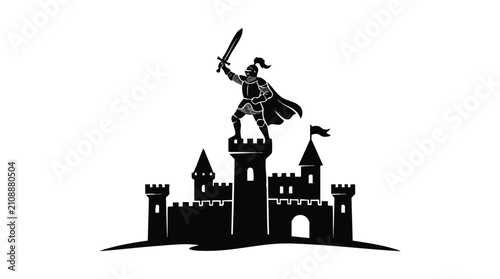 Vector Illustration of a Brave Knight Standing on a Fortress Castle for Action Event