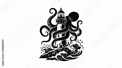 A dramatic vector illustration of a giant octopus attacking a lighthouse at sea