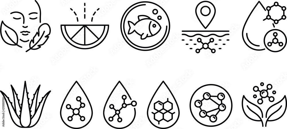 Fototapeta premium Cosmetic Skincare Ingredients Line Icon Set featuring Hyaluronic Acid, Aloe Vera, Vitamin C, Collagen, Fish Omega Oil, and Dermatology Care Symbols