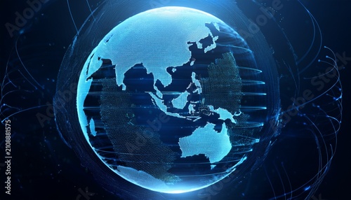 digital world globe centered on south east asia concept of global network and connectivity on earth data transfer and cyber technology information exchange and international telecom