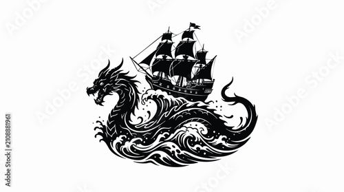 Obraz na płótnie Black and white vector illustration of a fierce sea dragon attacking a wooden sh