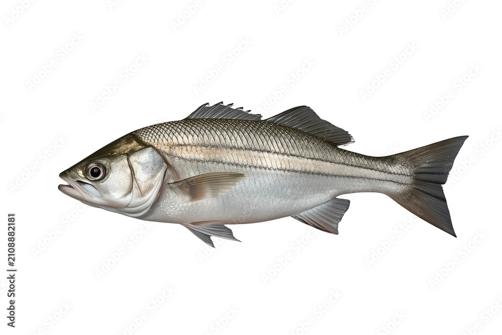Obraz premium Striped bass swimming, a fresh fish with silver scales and dark stripes, marine animal, transparent background