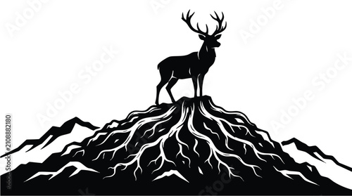 Buck standing on a rooted mountain peak in this black and white vector logo landscape.