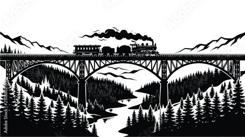 Steam train on a bridge vector illustration in a scenic mountain landscape view