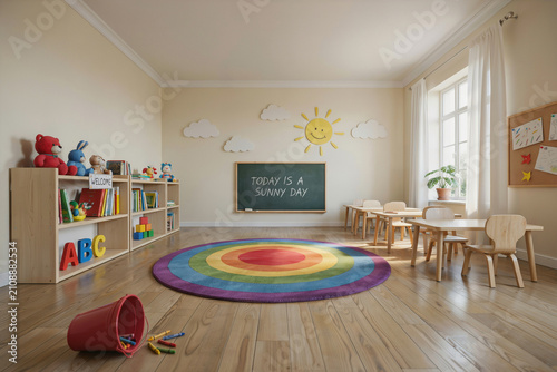 Empty Colorful Kindergarten Classroom Interior, Cozy Preschool playroom with Wooden Toys and Rainbow Rug, Early Childhood Education Concept
