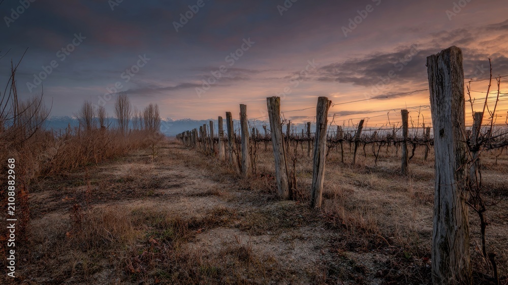 Obraz premium Vineyard rows at sunset landscape