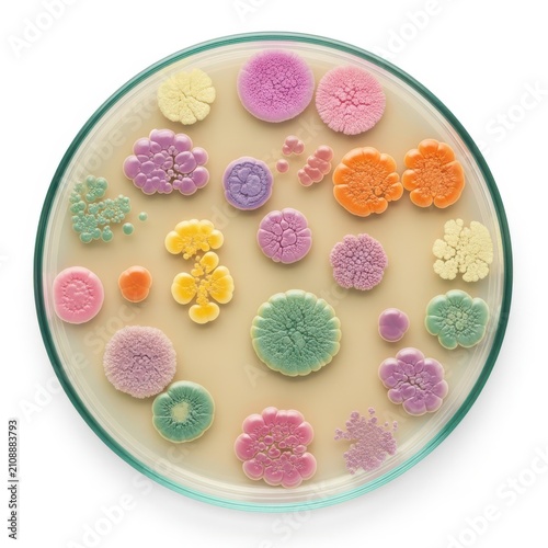 Colorful bacteria colonies growing in a petri dish for laboratory research and science study