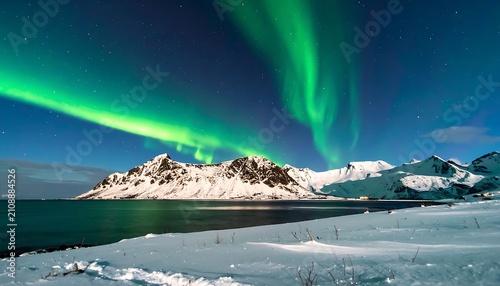 Snowy peaks beneath vibrant green aurora