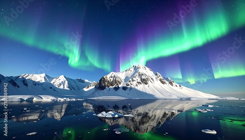 Snowy peaks reflect vibrant aurora borealis