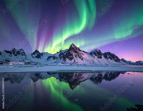 Snowy peaks reflect vibrant aurora borealis over frozen water
