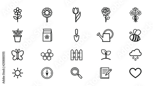 Bild auf Leinwand Collection of Minimalist Line Icons Featuring Plants Flowers Gardening Tools and