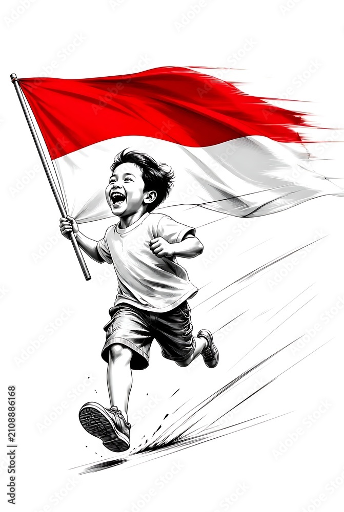 Obraz premium Joyful Young Boy Running with Indonesian Flag.