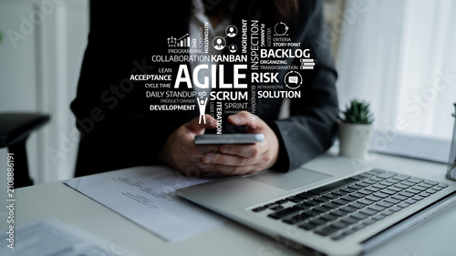 Foto A professional in a business setting is focused on a smartphone, while agile methodology terms are visually integrated, highlighting concepts for effective project management and collaboration