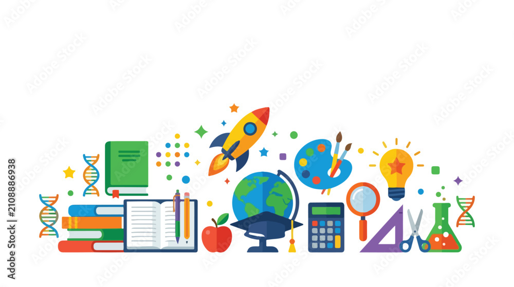 Naklejka premium A colorful illustration of various educational tools and icons like books, a rocket, and a globe, representing learning and creativity.