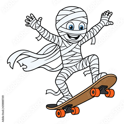 Obraz na plátne Funny cartoon mummy character riding skateboard doing tricks in white bandages with blue eyes