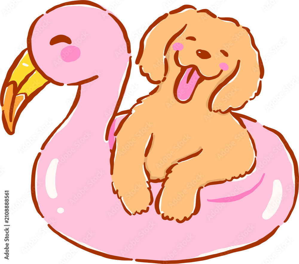 Fototapeta premium Summer Dog Golden Retriever on Flamingo Float Whimsical Hand Drawn Cartoon Character