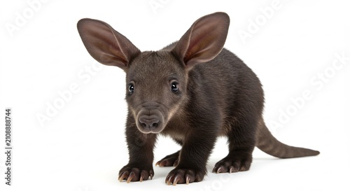 Cute Aardvark Cub: A young, adorable aardvark with enormous ears and a curious expression poses against a plain backdrop, showcasing its unique features.