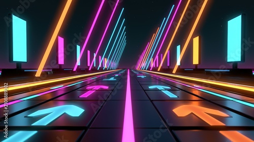 Arcade inspired digital environment with central pathway, dark reflective floor panels glowing cyan magenta orange neon arrows pointing forward, glowing pink center line dividing track, vertical recta