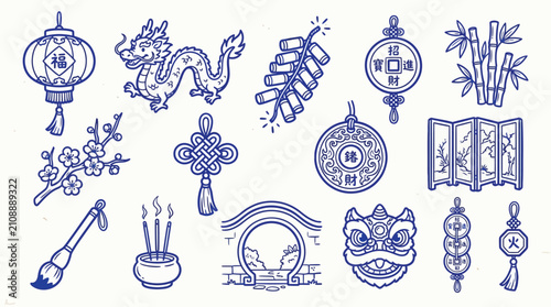 Collection of traditional Chinese cultural symbols and decorations in blue ink illustration style.