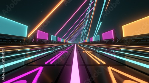 Arcade inspired digital environment with central pathway, dark reflective floor panels glowing cyan magenta orange neon arrows pointing forward, glowing pink center line dividing track, vertical recta