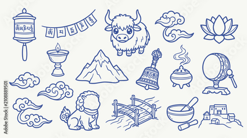 Fotografía Collection of Tibetan cultural symbols and elements, including a yak, prayer wheel, prayer flags, lotus, bridge, and mountains