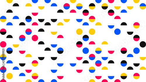 Abstract pattern of colorful semi circles and dots on white background