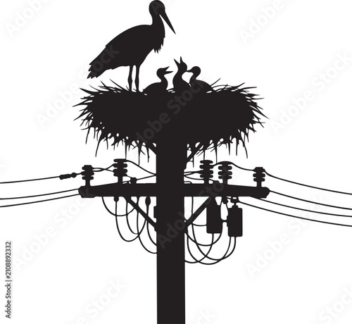 Cuadro en lienzo Stork silhouette sitting on a large nest built upon an electric power pole, bird