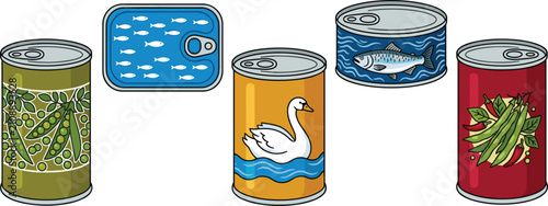 Canned Food Product Vector Set with Assorted Cans of Fish, Green Peas, Beans, and Provisions for Emergency Storage