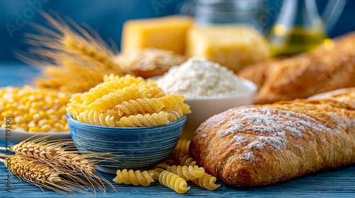 Assorted wheat products including bread pasta flour and grains on rustic wooden table