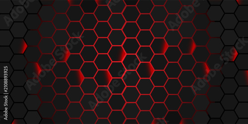 Dark metal hexagon with red beam background, 3d render illustration. modern