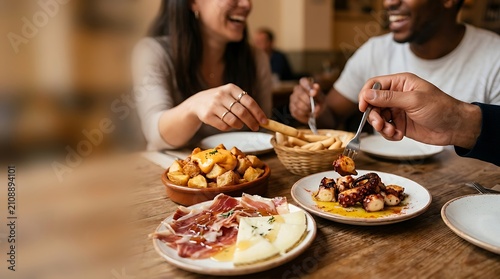 Friends sharing variety of traditional spanish tapas in a restaurant