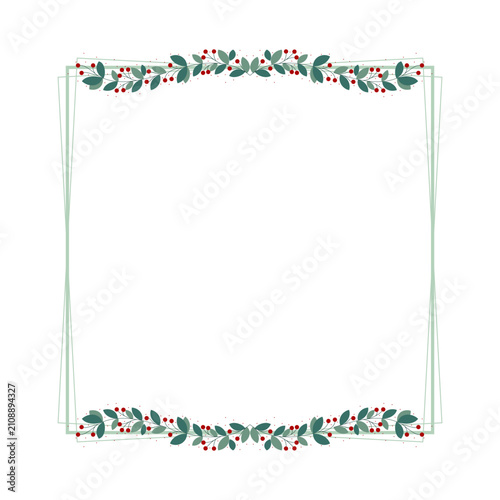 Simple Green Square Border Frame With Green Leaves And Red Cherry Berry