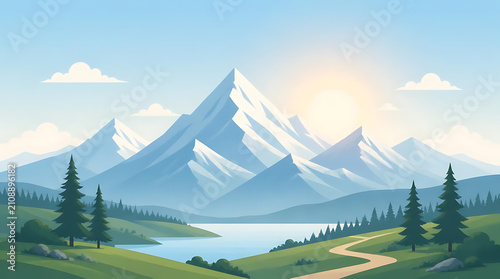 Majestic snow capped mountain range rising above a serene alpine lake landscape.